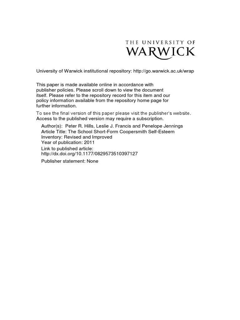 Coopersmith SelfEsteem Inventory Rev Factor Analysis Statistical