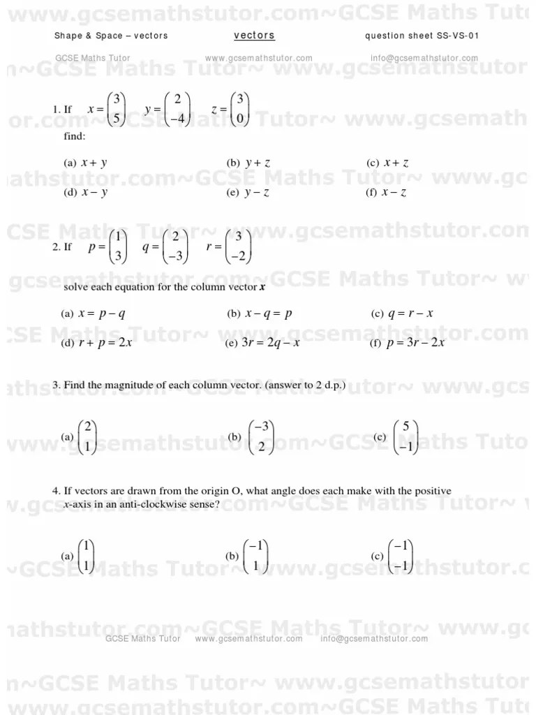 Vectors Worksheet 01, Shape & Space revision from GCSE Maths Tutor