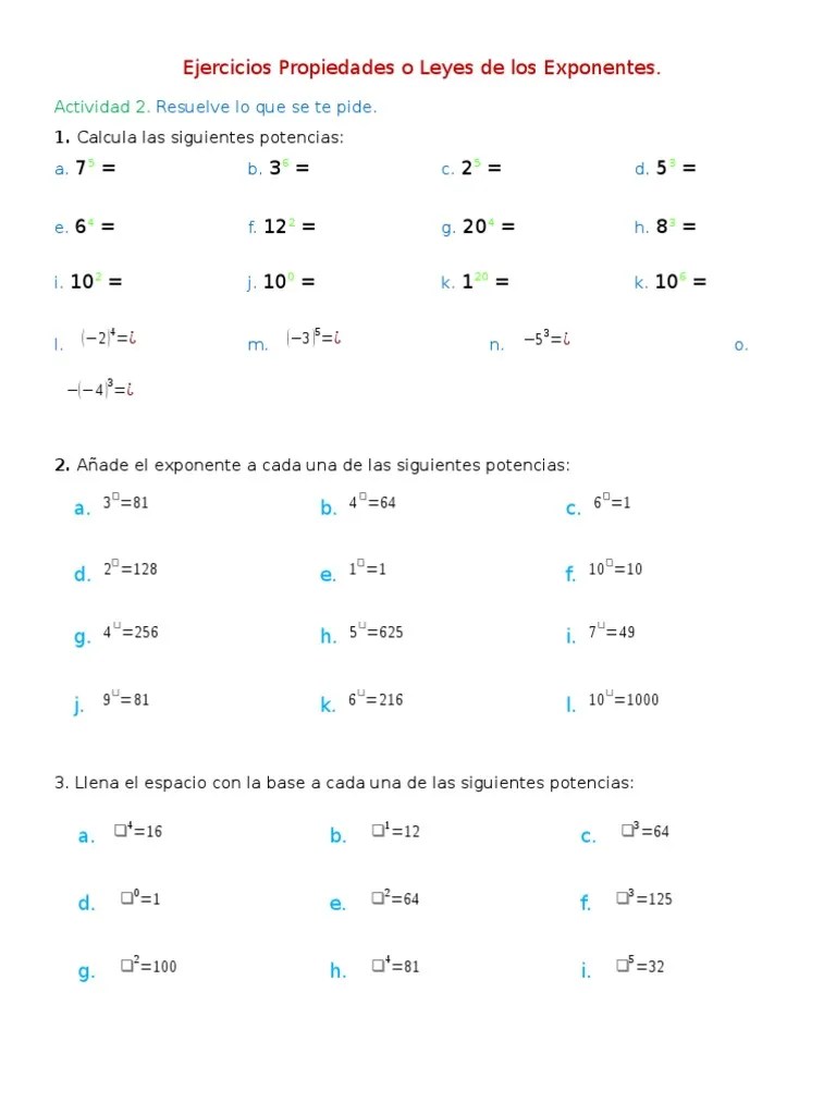 Ejercicios Propiedades o Leyes de Los Exponentes