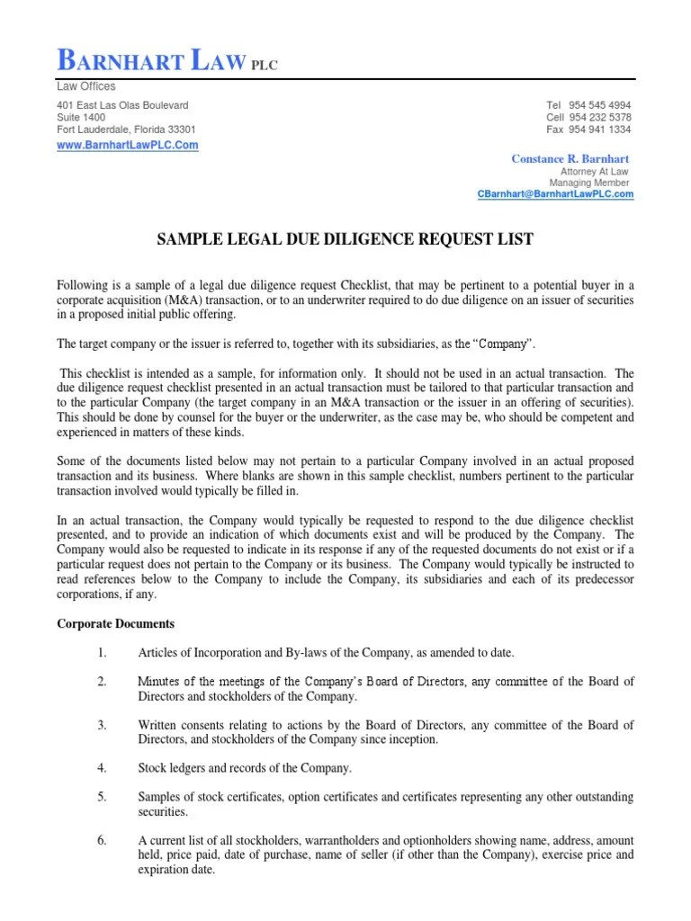 Sample Legal Due Diligence Request Checklist Lease Intellectual