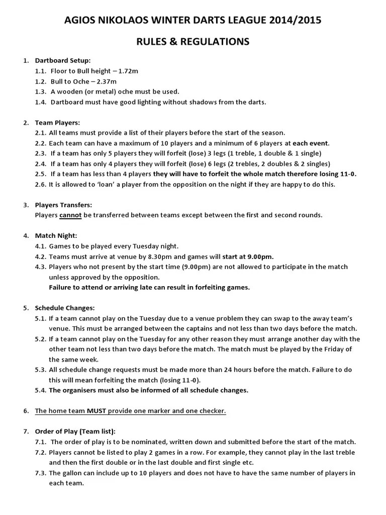 Winter Darts League Rules PDF Sports Leisure