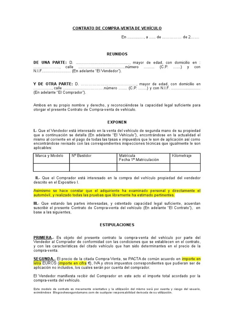 Contrato Compra Venta Coche Segunda Mano Impuestos Gobierno