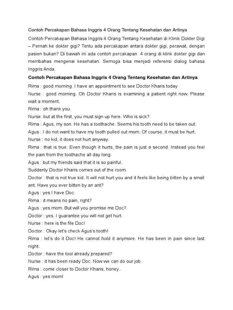 Contoh Percakapan Bahasa Inggris 4 Orang Tentang Kesehatan Dan Artinya |  PDF | Feeling | Symptoms And Signs: General