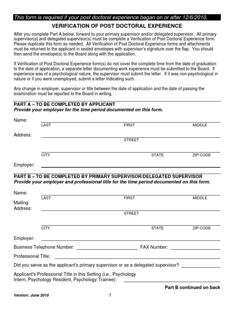 PA PostDoc Verification Psychological Evaluation Psychology