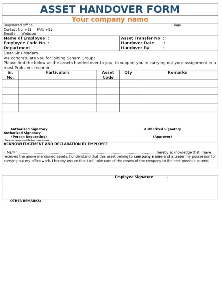 COMPANY Asset Handover Form