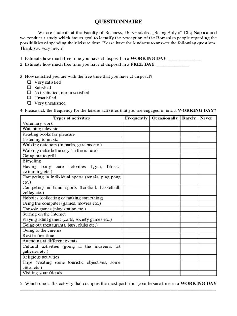 Questionnaire Leisure Time Hobbies Leisure