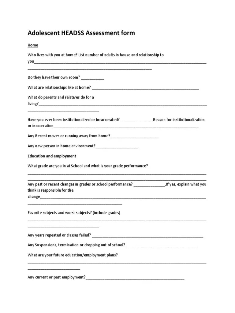Adolescent HEADSS Assessment Form PDF