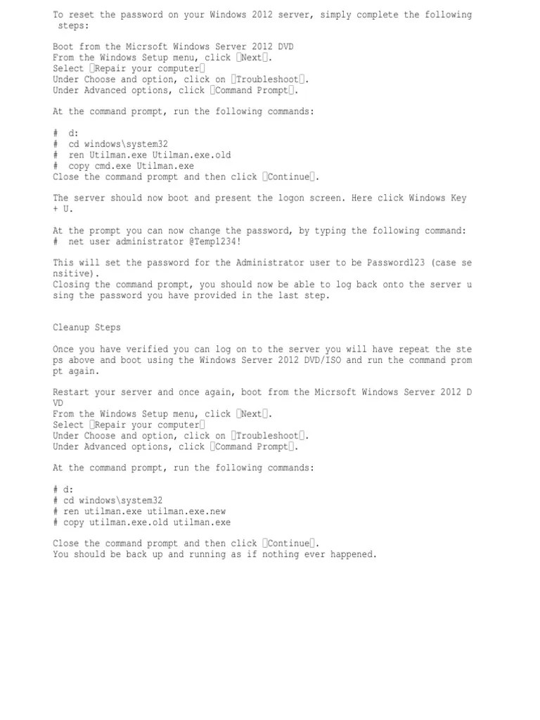 Reset Admin Password Windows Server 2012 | PDF