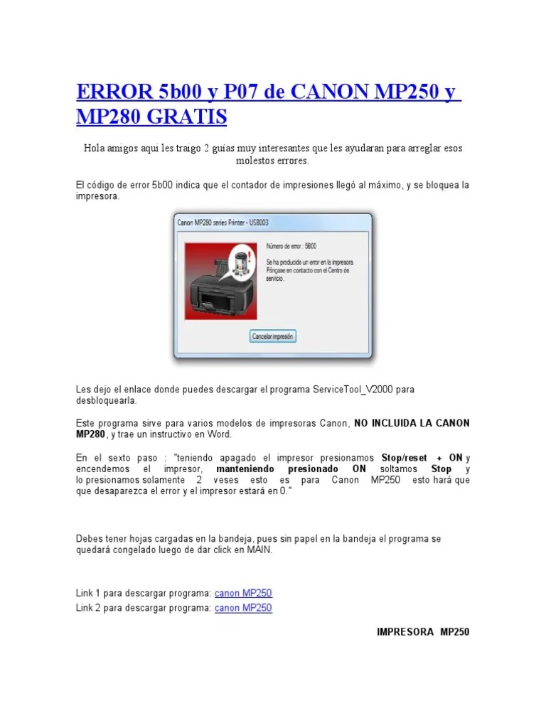 Error 5b00 y p07 de Canon Mp250 y Mp280 Gratis