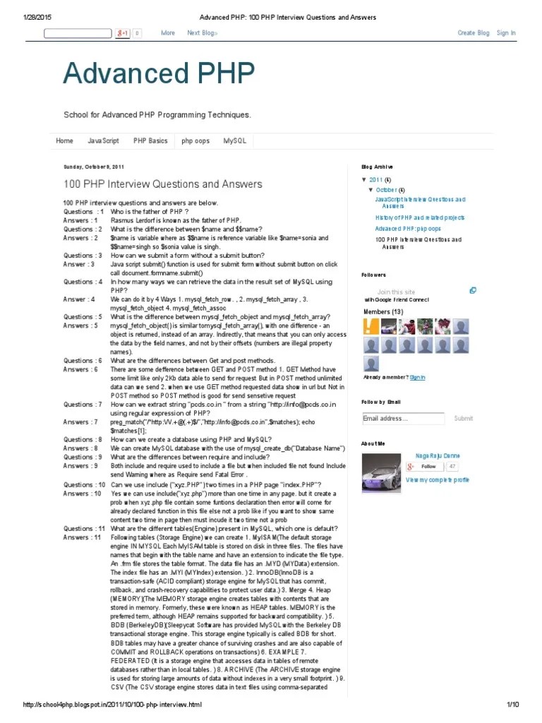 Advanced PHP 100 PHP Interview Questions and Answers PDF PDF Php
