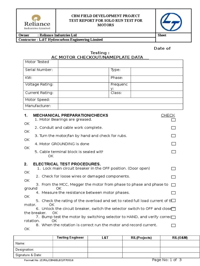 Motor Testing and General Checks Format Electric Motor Switch