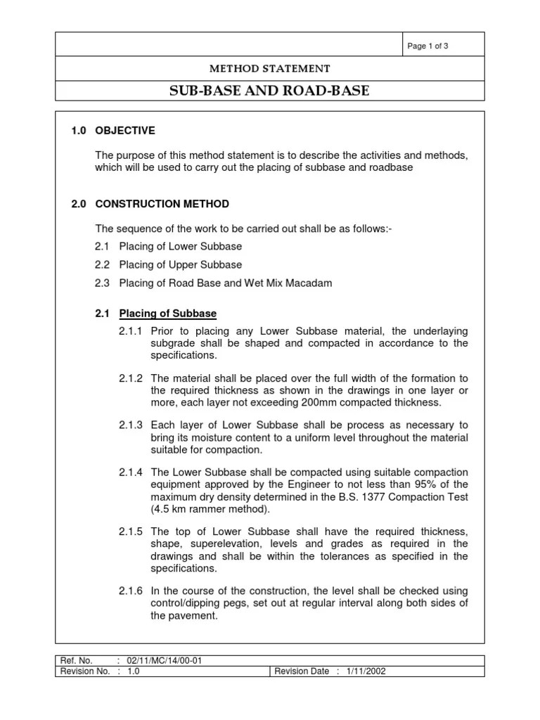 Method Statement for Roadbase Construction Road Surface