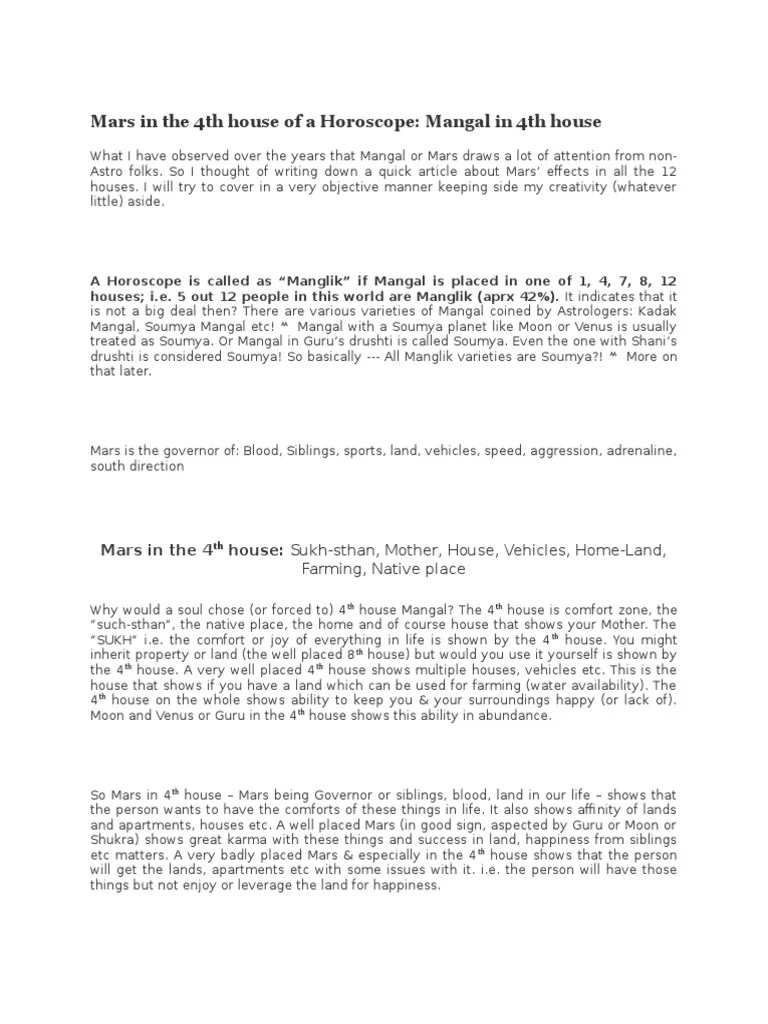 Mars in 4th House PDF Horoscope Astrology