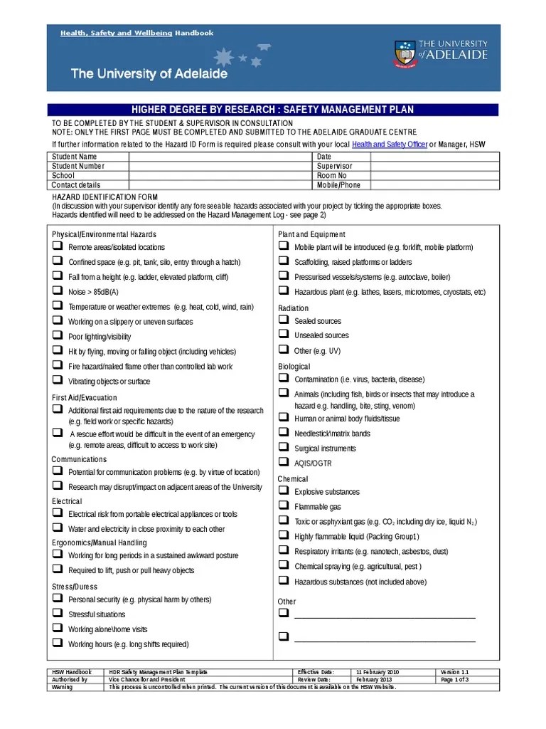 Safety Management Plan Template Emergency Management Hazards