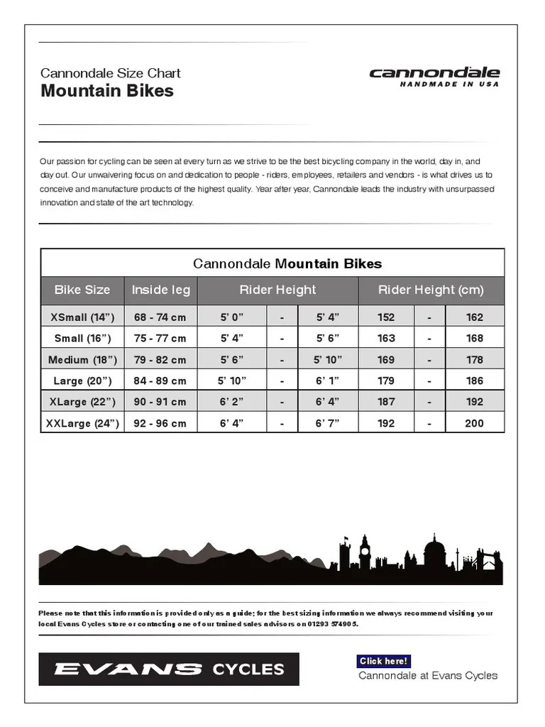 Cannondale Mountain Bike Sizing Chart | Cycle Sport | Land Transport