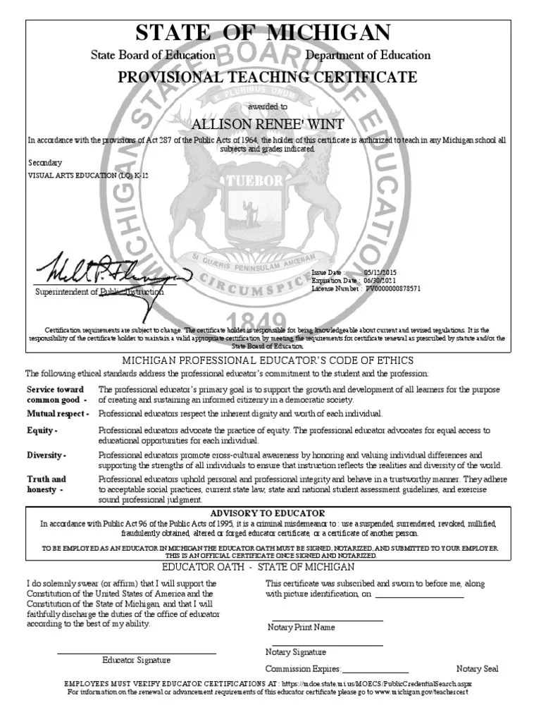 State Of Michigan Provisional Teaching Certificate Notary Public