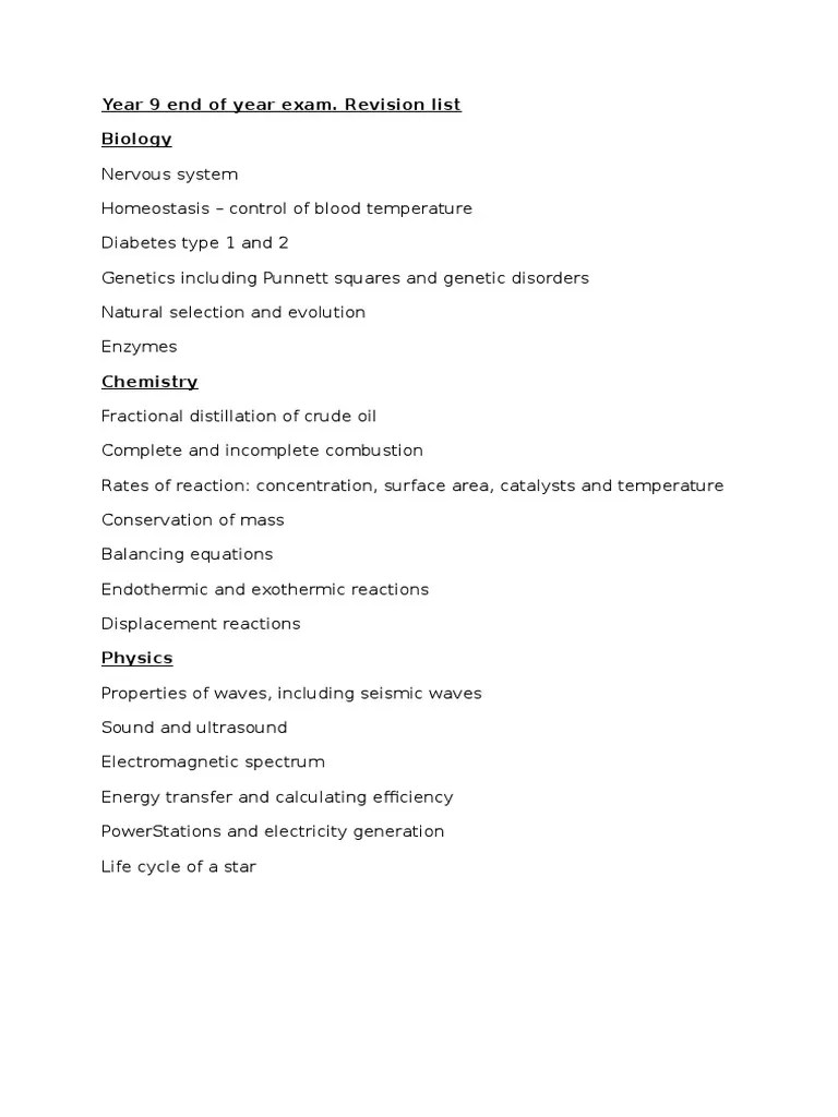 Year 9 End of Year Exam Revision List PDF