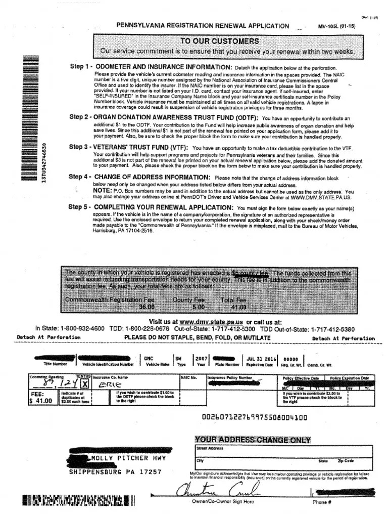 PA Vehicle Registration Renewal Form PDF