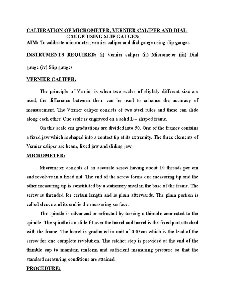 Calibration of Micrometer Vernier Caliper PDF Measuring Instrument