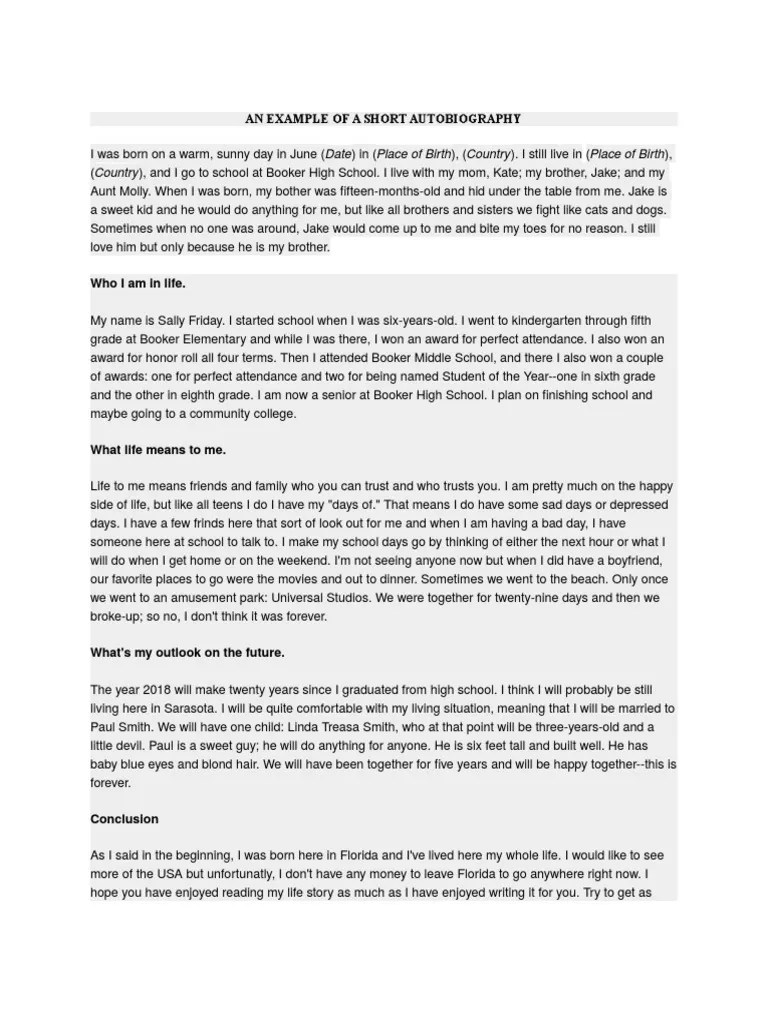 An Example of A Short Autobiography PDF Schools
