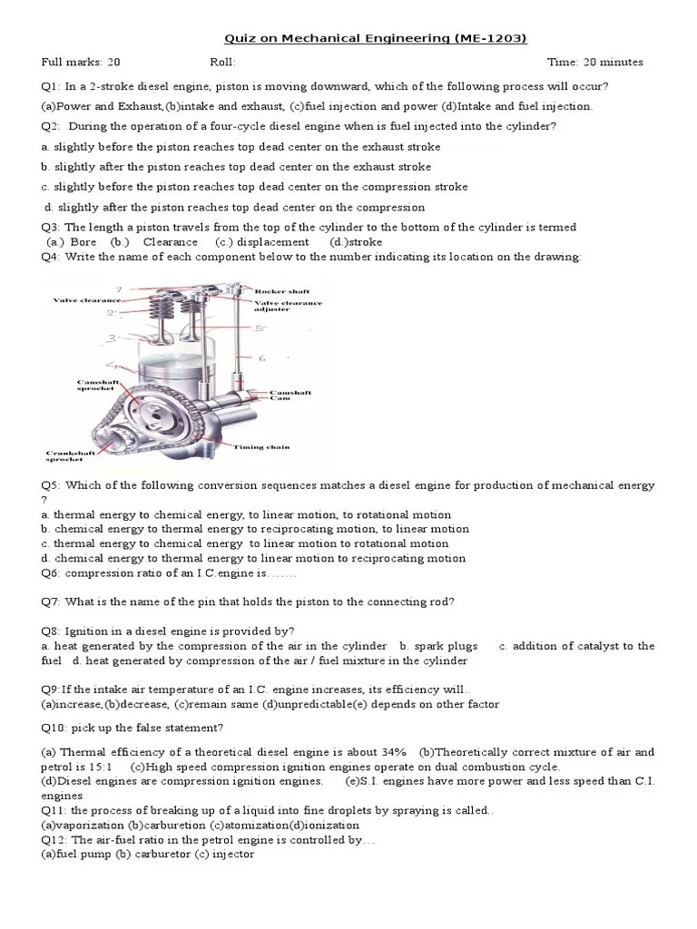 Quiz on Mechanical Engineering Internal Combustion Engine Diesel Engine