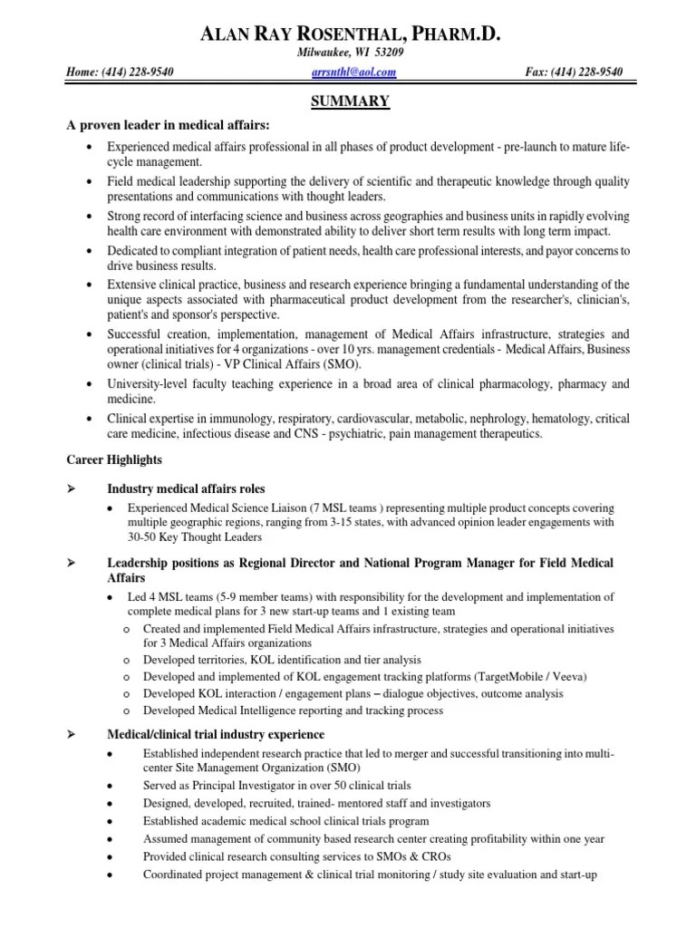 Medical Science Liaison Medical Affairs In Greater Chicago IL Resume