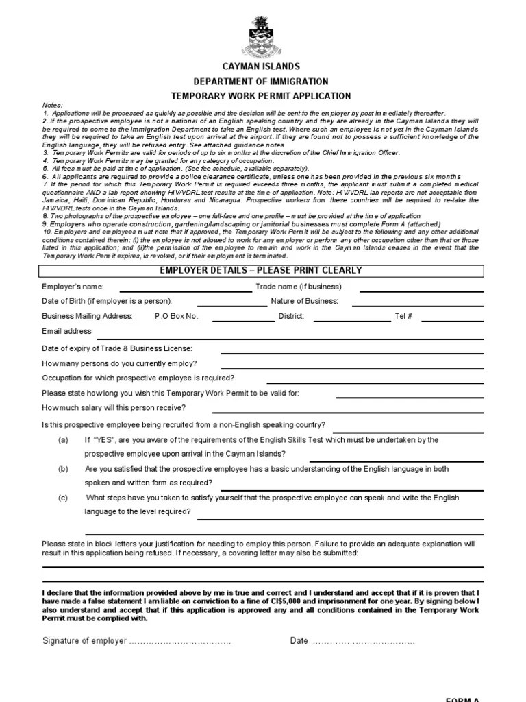 Cayman Islands Temporary Work Permit Application Form Cayman Islands