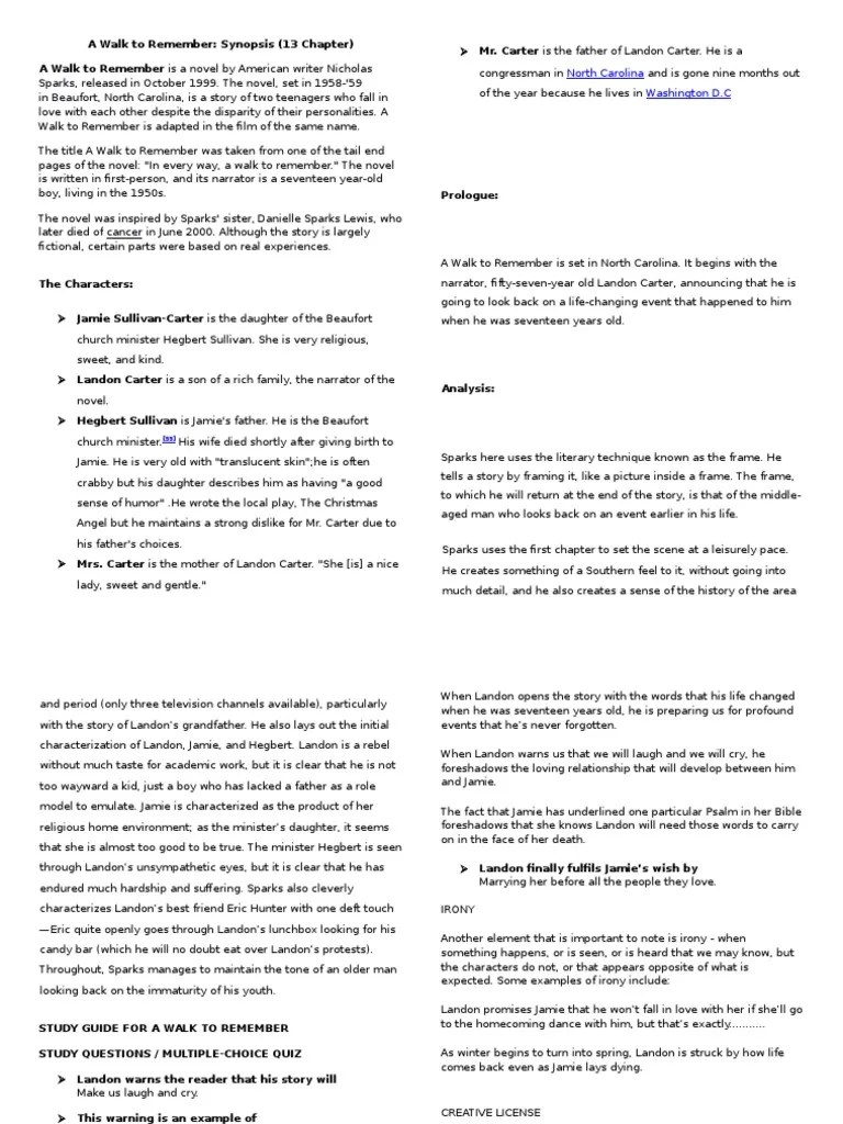 A Walk to Remember Synopsis Fiction &amp; Literature