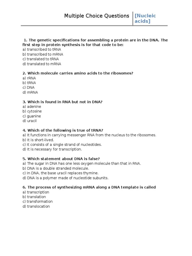 MCQ Nucleic Acids PDF Dna Rna