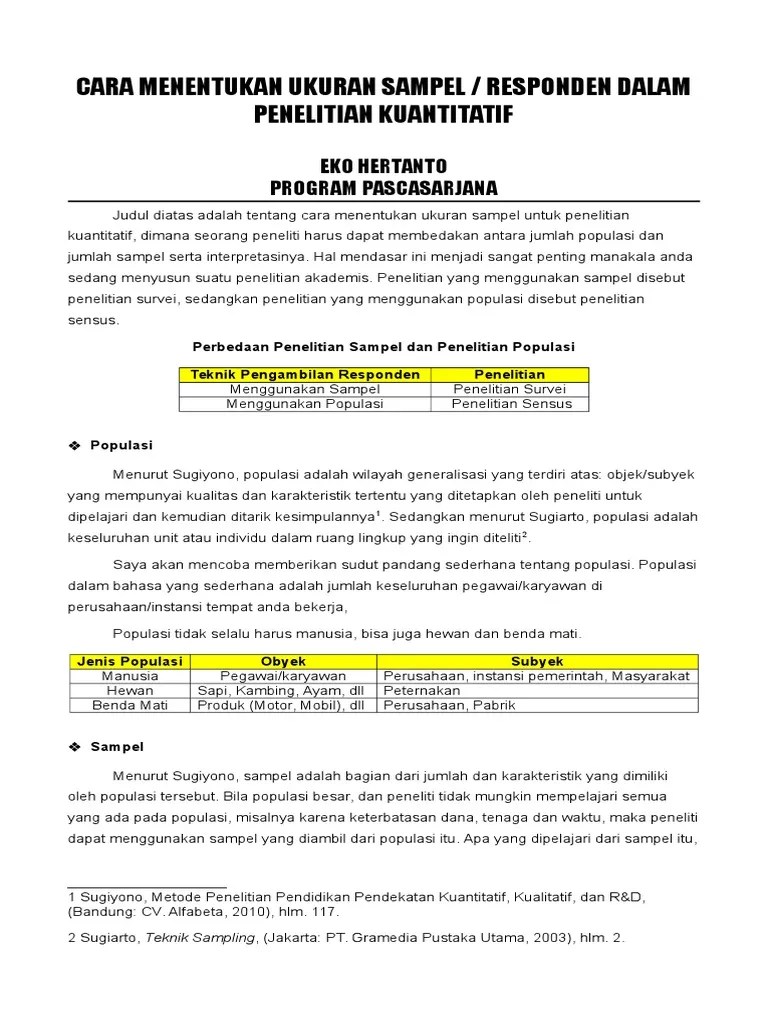 Cara Menentukan Ukuran Sampel Dalam Penelitian Kuantitatif | PDF