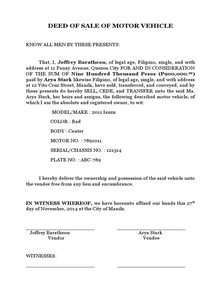 02 Deed of Sale of Personal Property Motor Vehicle PDF
