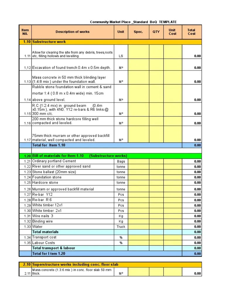 BOQ Template PDF