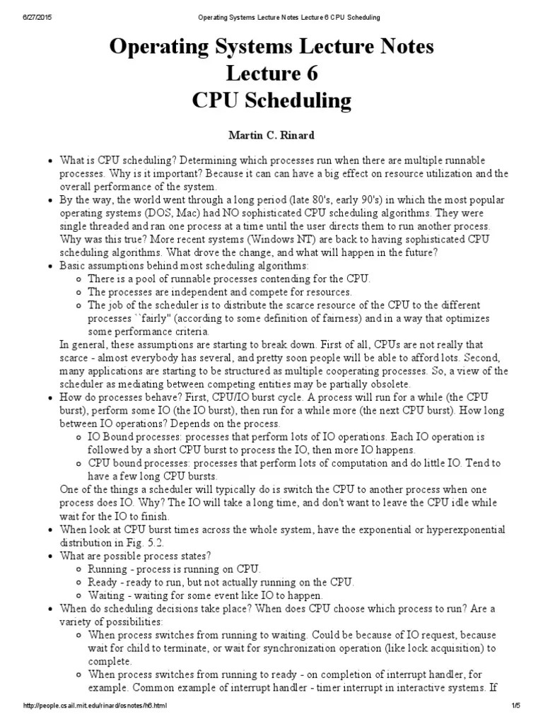 Operating Systems Lecture Notes Lecture 6 CPU Scheduling Scheduling