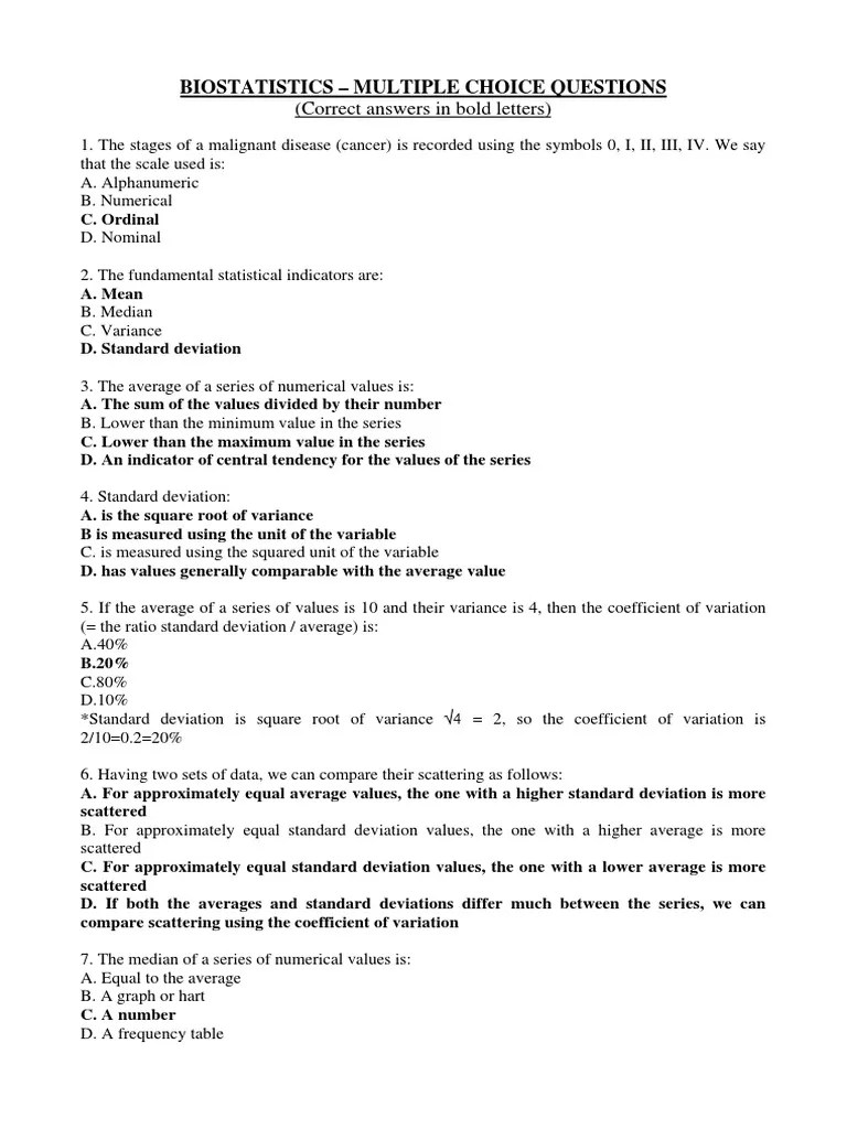 Biostatistics Multiple Choice Questions Correlation And Dependence Standard Deviation