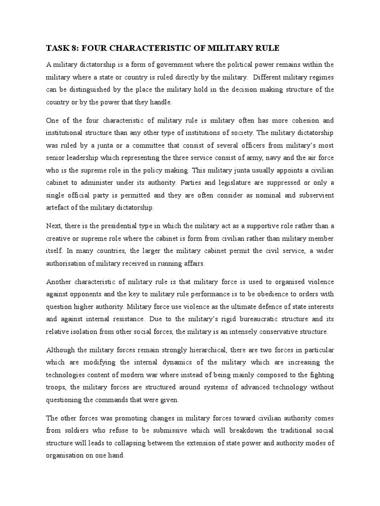 Task 8 Characteristic of Military Rules PDF Military Dictatorship