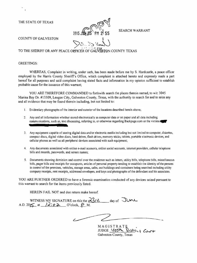 Texas Digital Search Warrant Example Pdf Virtual Private Network