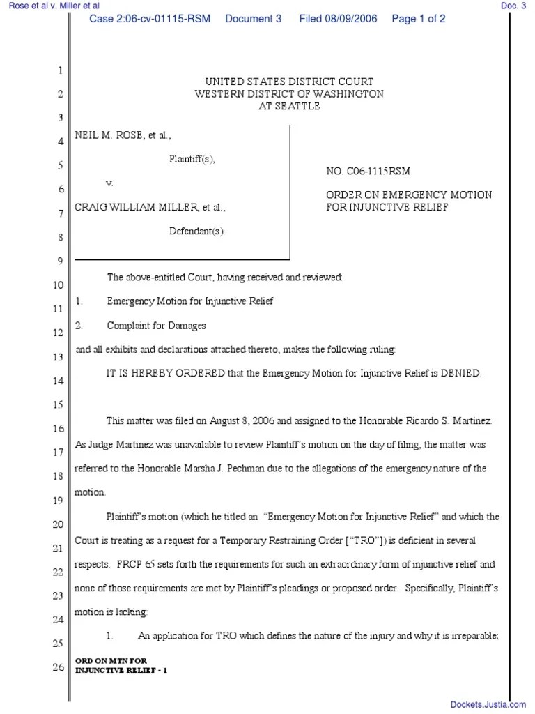 Ord On MTN For Injunctive Relief 1 PDF Federal Rules Of Civil Procedure Injunction