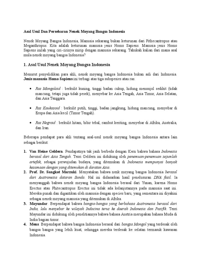 Jelaskan Asal Usul Nenek Moyang Bangsa Indonesia Menurut Para Ahli
