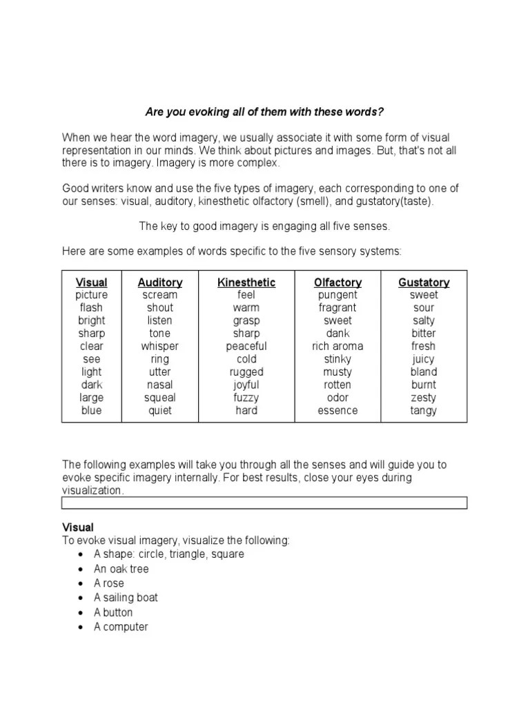 Five Types of Imagery PDF Senses Taste