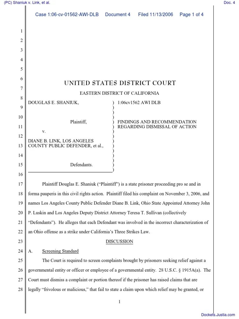 United States District Court Case 106cv01562AWIDLB Document 4