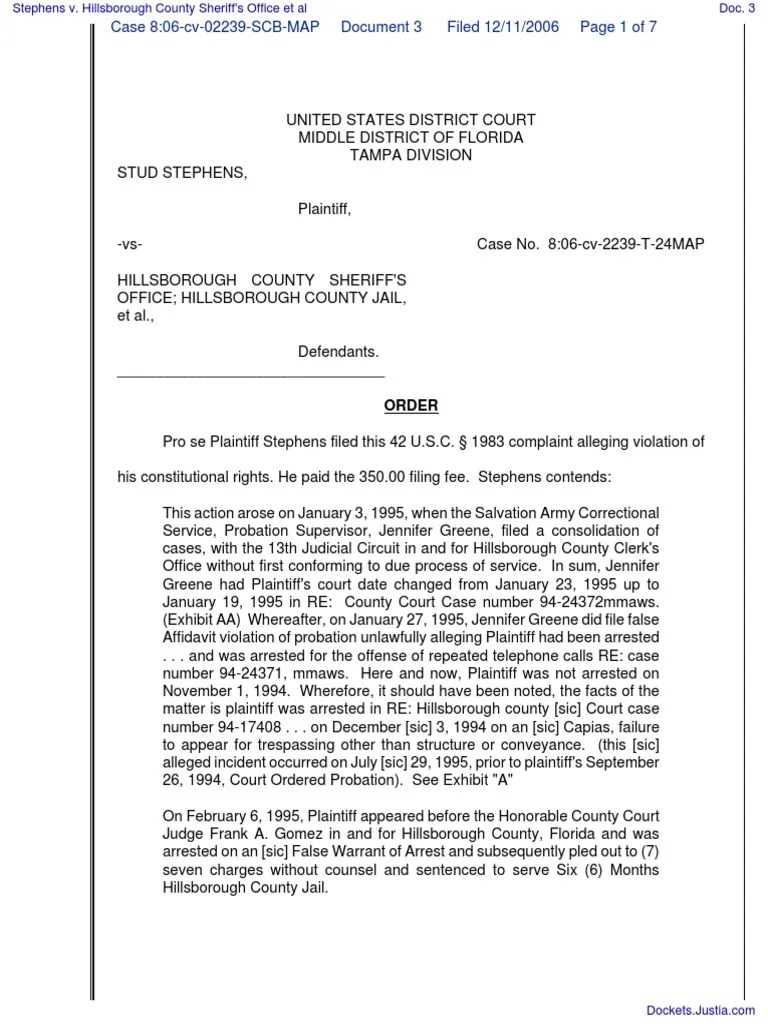 Stephens v. Hillsborough County Sheriff�s Office et al Document No. 3