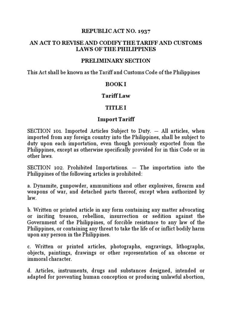 Tariff and Customs Code RA 1937 PDF Fruit Preserves Chocolate