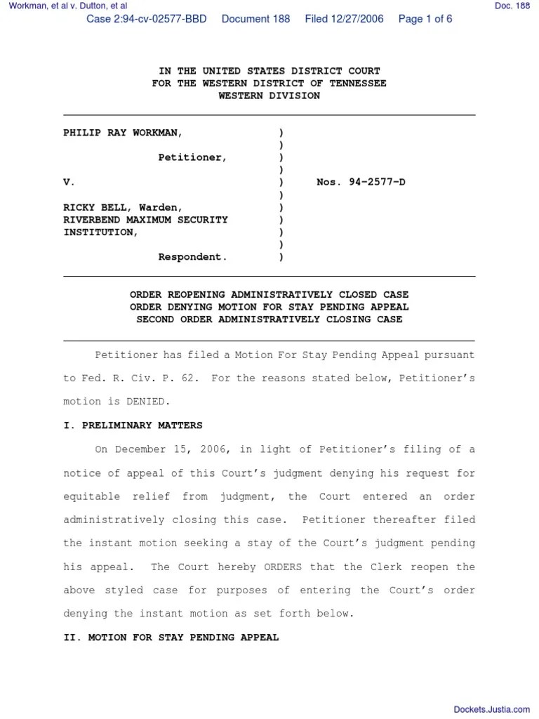 Workman, et al v. Dutton, et al Document No. 188 Prejudice (Legal