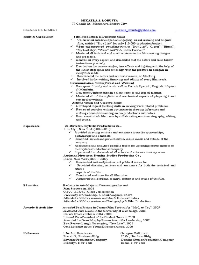 Resume Sample for a Film Director | Filmmaking | Film Director