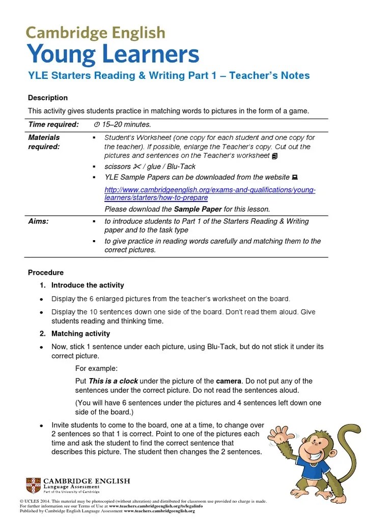 Cambridge English Starters Reading and Writing Part 1 (2) Sentence