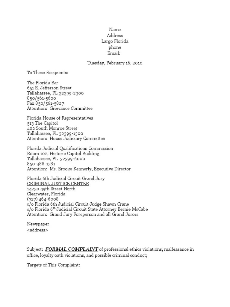 Formal Complaint Against Bar Member Judge Template Grand Jury