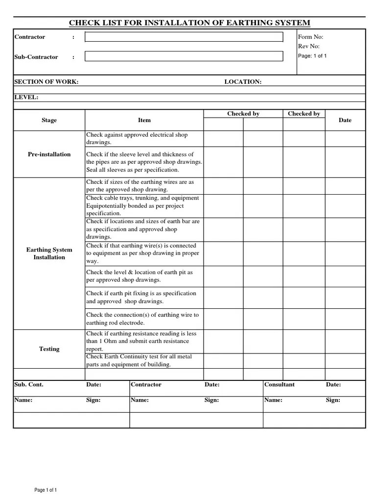 Inspection Checklist for Installation of Earthing System123