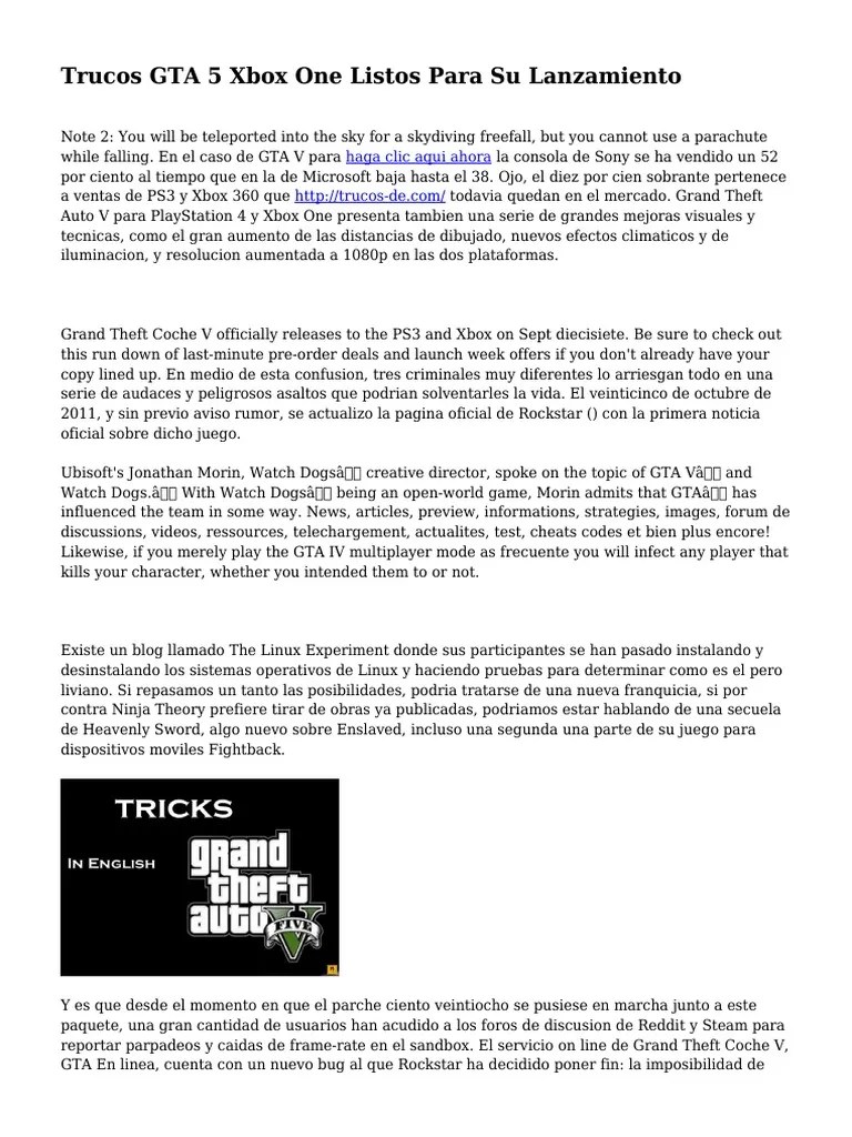 Trucos GTA 5 Xbox One Listos para Su Lanzamiento PDF Xbox 360