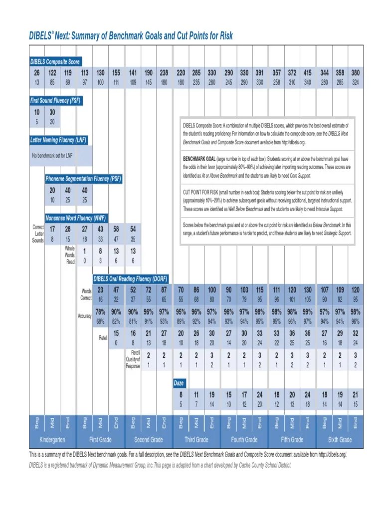 Dibels Next Summary of Benchmark Goals and Cut Points For Risk PDF