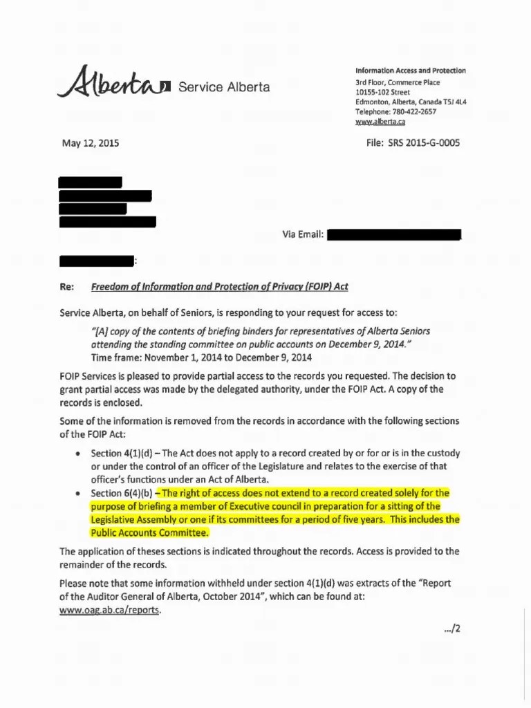 Service Alberta letter Privacy Government Information